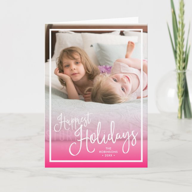 Cartes Pour Fêtes Annuelles Pink Script Les Vacances Les Plus Heureuses Photo  (Devant)