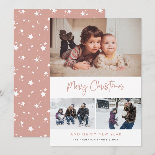 Cartes Pour Fêtes Annuelles Pink Script Stars Christmas 3 Photo Collage (Devant / Derrière)