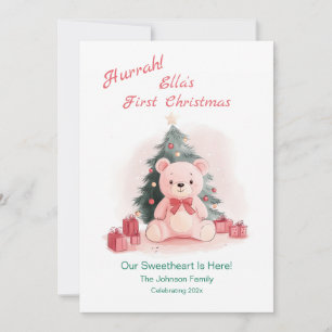 Cartes Pour Fêtes Annuelles Pink Teddy Bear First Christmas Flat Holiday Card