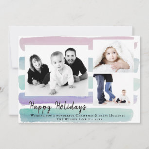 Cartes Pour Fêtes Annuelles Pink Watercolor Stripe 3 Photo Collage Noël