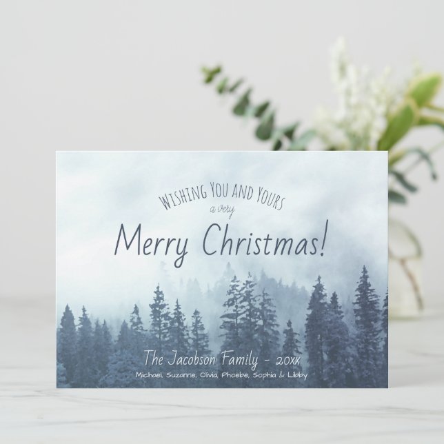 Cartes Pour Fêtes Annuelles Pins Bleu Foggy Russe Aquarelle Joyeux Noël (Debout devant)