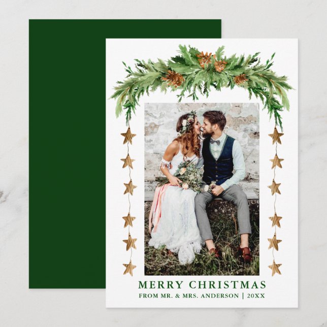 Cartes Pour Fêtes Annuelles Pins d'aquarelle Boho Noël Nouveau vert (Devant / Derrière)