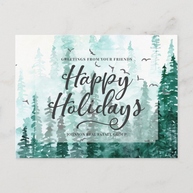 Cartes Pour Fêtes Annuelles Pins d'aquarelle verte | Joyeuses fêtes (Devant)