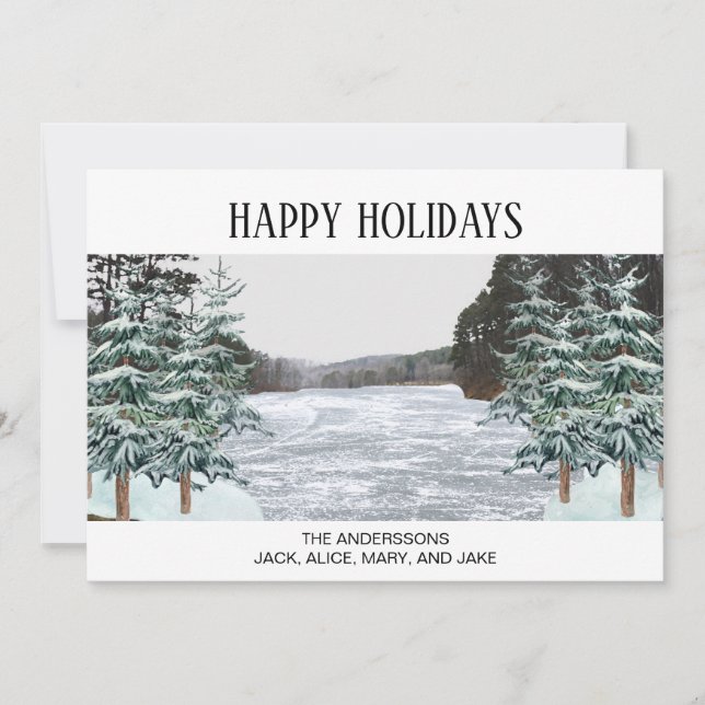Cartes Pour Fêtes Annuelles Pins enneigés Lac gelé Joyeuses Fêtes (Devant)