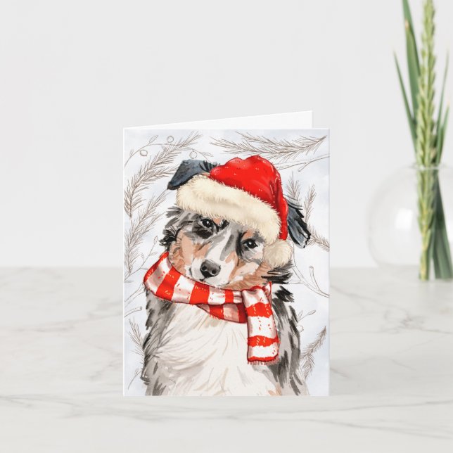 Cartes Pour Fêtes Annuelles Pins et berger australien Chien de Noël (Devant)