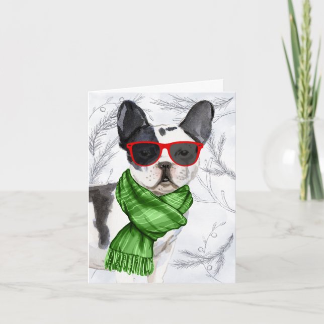 Cartes Pour Fêtes Annuelles Pins et chien de Noël de Boston Terrier (Devant)