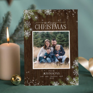 Cartes Pour Fêtes Annuelles Pins Rustiques Snowflakes Joyeux Bois Photo Famill