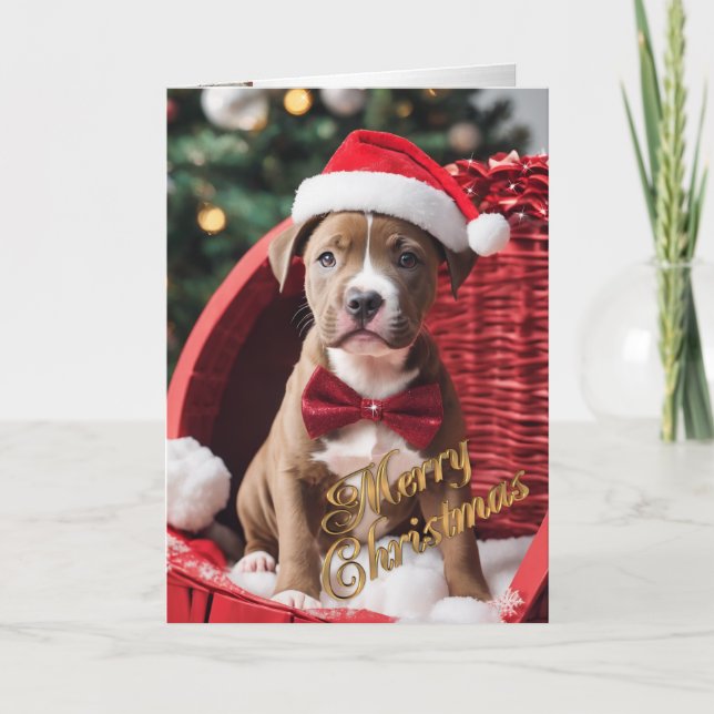 Cartes Pour Fêtes Annuelles Pit Bull chiot de Noël dans un panier (Devant)