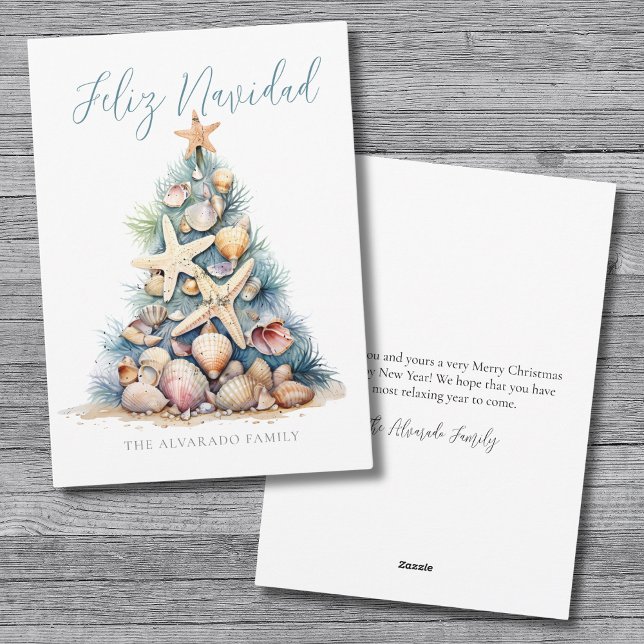 Cartes Pour Fêtes Annuelles Plage de l'Arbre de Noël Feliz Navidad (Christmas Tree Beach Feliz Navidad Holiday Card)