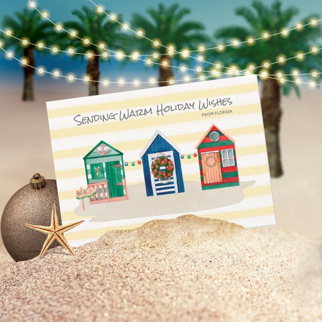 Cartes Pour Fêtes Annuelles Plage Jaune Chaleureux Plages Cabines de vacances  (Créateur téléchargé)