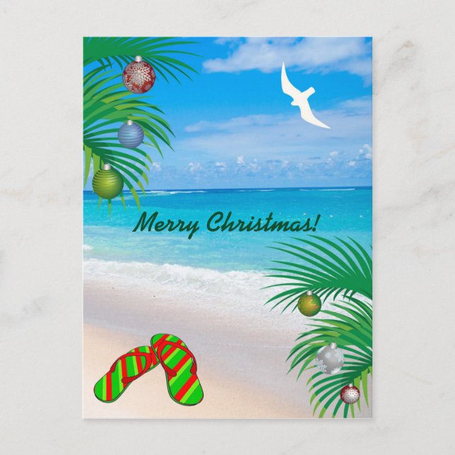 Cartes Pour Fêtes Annuelles Plage tropicale, Palmiers et tongs Noël (Devant)