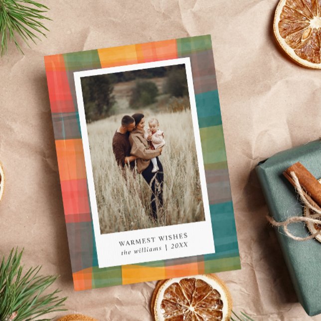Cartes Pour Fêtes Annuelles Plaid à l'aquarelle | Photo vert orange 2  (Créateur téléchargé)