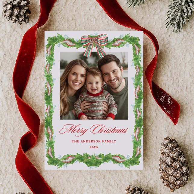 Cartes Pour Fêtes Annuelles Plaid Bow Greenery Frame Photo (Créateur téléchargé)