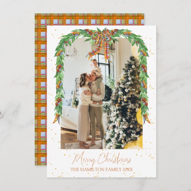 Cartes Pour Fêtes Annuelles Plaid Orange Bow Garland (Devant / Derrière)