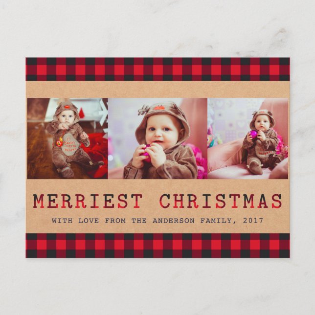 Cartes Pour Fêtes Annuelles Plaid Rustique Buffalo | 3 voeux de Noël photo (Devant)