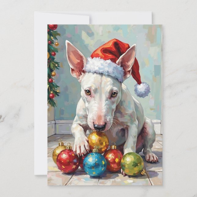 Cartes Pour Fêtes Annuelles Playful Bull Terrier Dog Guarding Christmas (Devant)