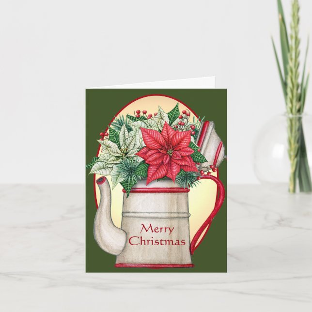 Cartes Pour Fêtes Annuelles Poêle à thé à l'ancienne avec poinsettias Noël (Devant)