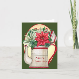 Cartes Pour Fêtes Annuelles Poêle à thé à l'ancienne avec poinsettias Noël