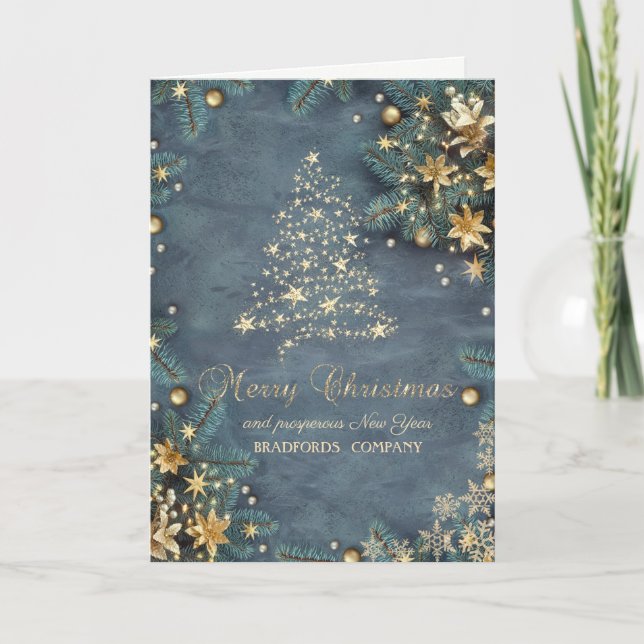 Cartes Pour Fêtes Annuelles Poinsététie d'or, Branches d'arbre de pin, Étoiles (Devant)