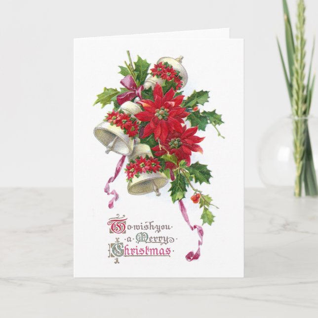 Cartes Pour Fêtes Annuelles Poinsettia Bells et Noël de cru de houx (Devant)