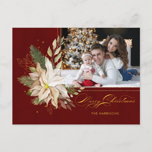 Cartes Pour Fêtes Annuelles Poinsettia blanche, Verdure or Calligraphie (Devant)