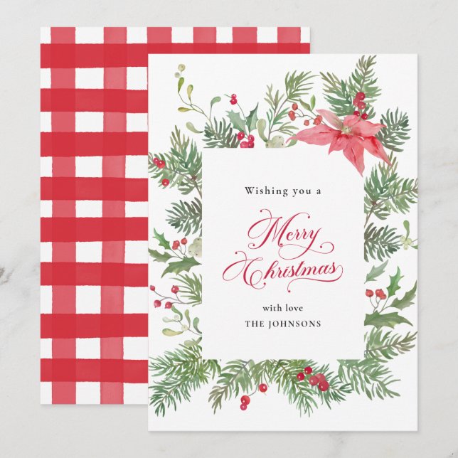 Cartes Pour Fêtes Annuelles Poinsettia Botanique Rouge Plaid Noël (Devant / Derrière)