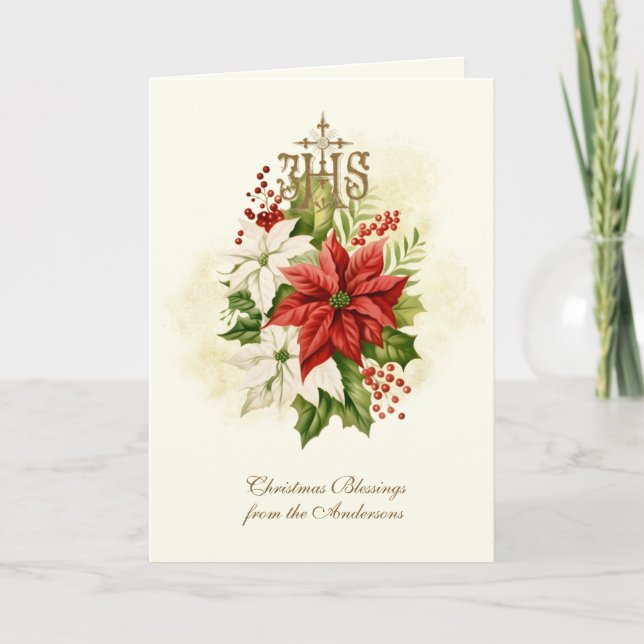 CARTES POUR FÊTES ANNUELLES POINSETTIA CATHOLIQUE IHS SAINT NOM DE JÉSUS (Devant)