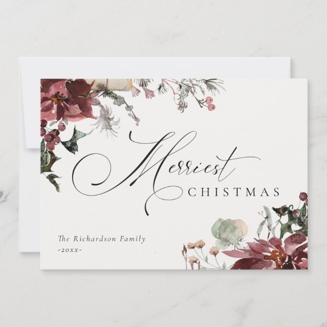 Cartes Pour Fêtes Annuelles Poinsettia Floral Rouge Foncé Noël Joyeux  (Devant)