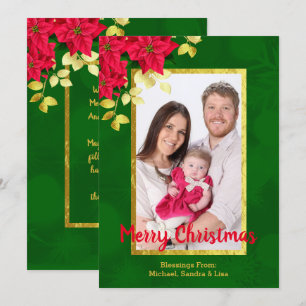 Cartes Pour Fêtes Annuelles Poinsettia Gold Leaf & Trier Photo de famille Noël
