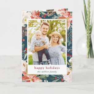 Cartes Pour Fêtes Annuelles Poinsettia Holly Berries Floral Photo Noël