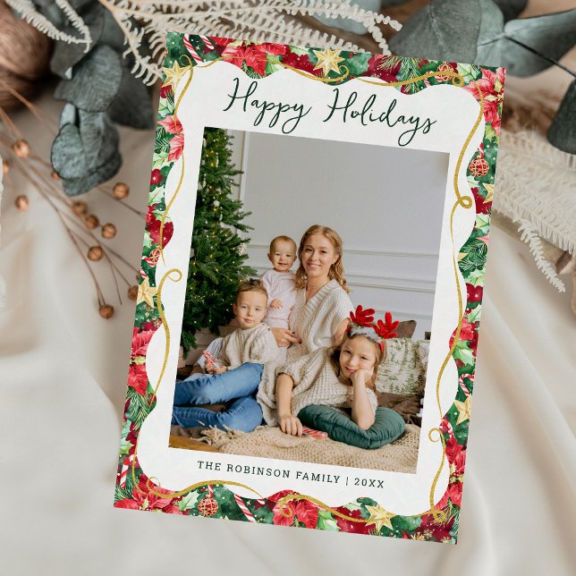 Cartes Pour Fêtes Annuelles Poinsettia Motif de verdure Noël 1 Photo (Créateur téléchargé)