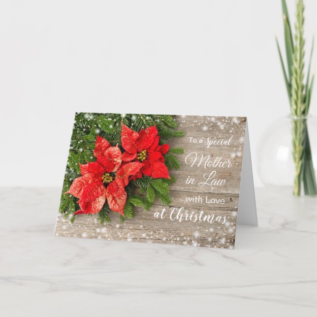 Cartes Pour Fêtes Annuelles Poinsettia, pin sur bois Noël Mère en droit (Devant)