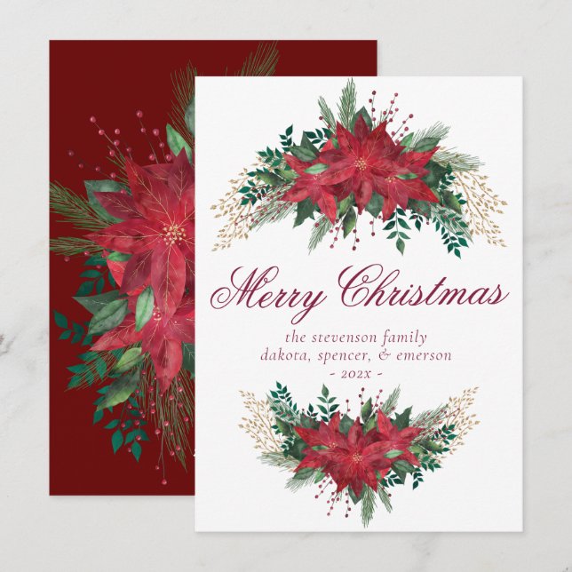 Cartes Pour Fêtes Annuelles Poinsettia Rouge et Vert hiver Floral Garland (Devant / Derrière)