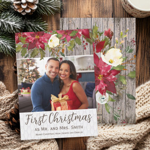 Cartes Pour Fêtes Annuelles Poinsettia Rustique Bois Photo 1er Noël M. Mme