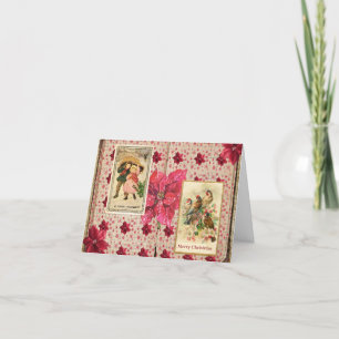 Cartes Pour Fêtes Annuelles Poinsettia vintage avec oiseaux et enfants