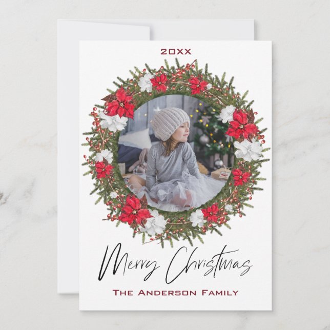 Cartes Pour Fêtes Annuelles Poinsettia Wreath Floral Photo Joyeux Noël (Devant)
