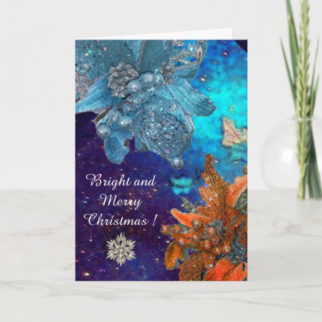 CARTES POUR FÊTES ANNUELLES POINSETTIAS BLEU ROUGE, ÉTOILES DE DIAMONT, ÉPARGN (Devant)