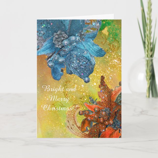 CARTES POUR FÊTES ANNUELLES POINSETTIAS BLEU ROUGE, ÉTOILES XMAS EN ÉTOILES D' (Devant)