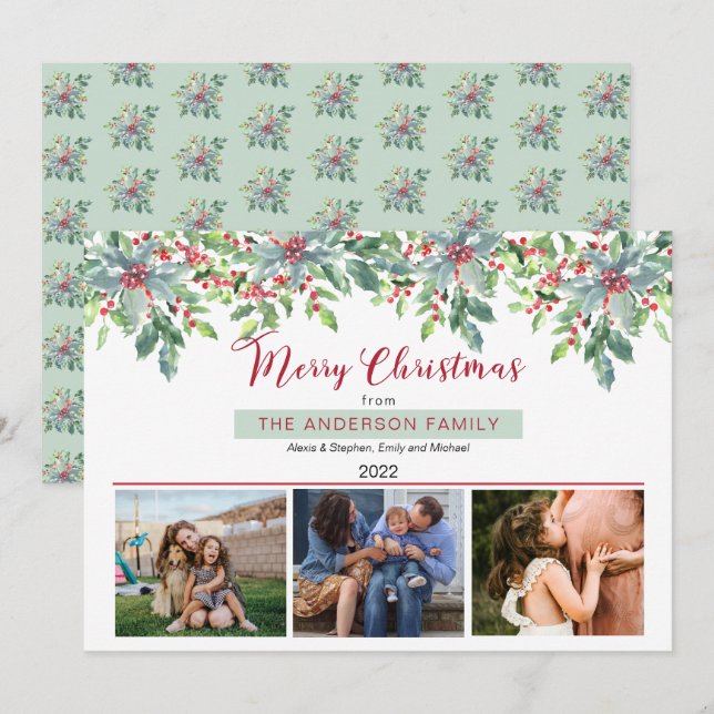 Cartes Pour Fêtes Annuelles Poinsettias Holly Greenery Joyeux Noël 3 Photo (Devant / Derrière)