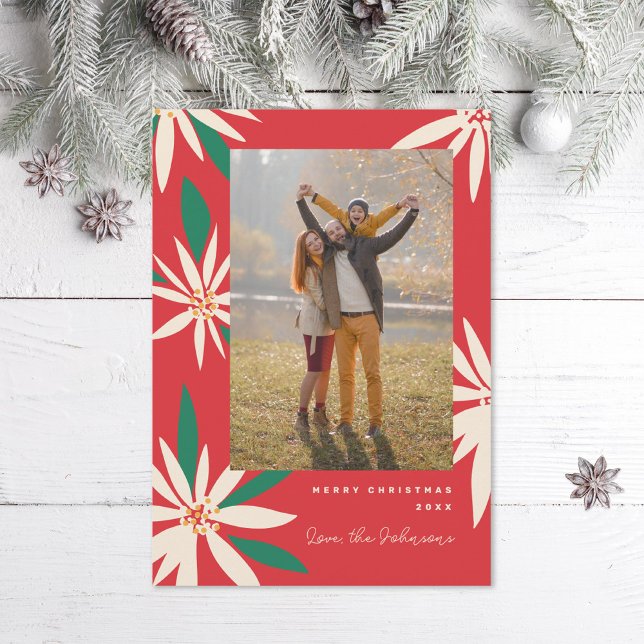 Cartes Pour Fêtes Annuelles Poinsettias vintage Photo de Noël Vertical (Créateur téléchargé)