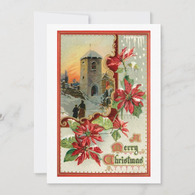 Cartes Pour Fêtes Annuelles Poinsettias vintages, église et voeux de Noël (Devant)