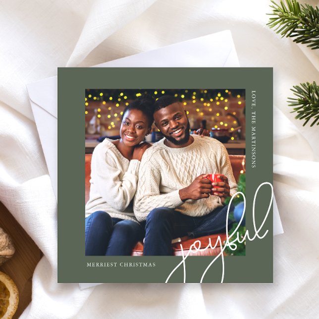 Cartes Pour Fêtes Annuelles Points de Noël simples Green Joyful Script Photo (Créateur téléchargé)