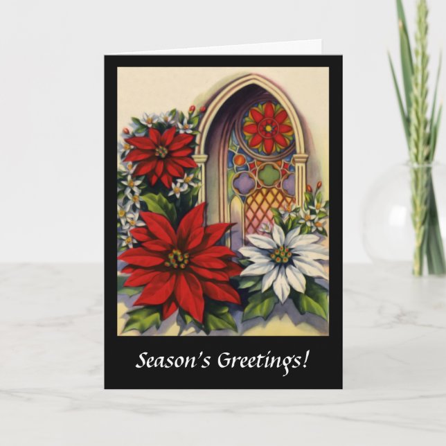 Cartes Pour Fêtes Annuelles Pointsettias dans Vitre Arborée Vitrail (Devant)