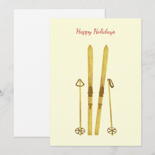 Cartes Pour Fêtes Annuelles Poles Gold Skis   Crème d'illustration de ski Vint