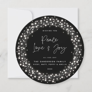 Cartes Pour Fêtes Annuelles Police de script noir Peace Love+Joie Feux d'éclat