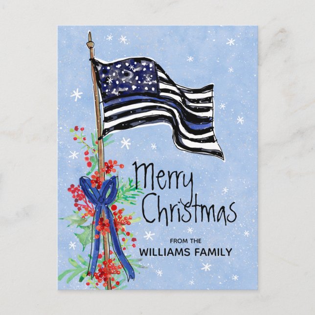 Cartes Pour Fêtes Annuelles Police Mince Ligne Bleue Américain Drapeau Holly A (Devant)