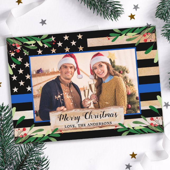 Cartes Pour Fêtes Annuelles Police Mince Ligne bleue Drapeau américain Noël (Créateur téléchargé)