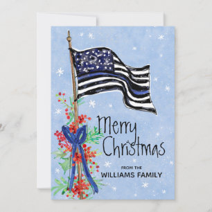 Cartes Pour Fêtes Annuelles Police mince Ligne bleue Drapeau Holly Red Berries