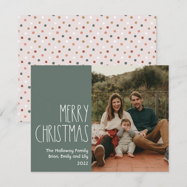 Cartes Pour Fêtes Annuelles Polka Boho vert point Noël photo unique (Devant / Derrière)