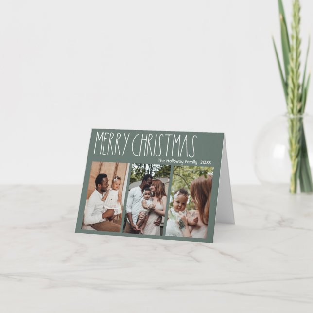 Cartes Pour Fêtes Annuelles Polka Boho vert point Noël Trois photos pliées (Devant)